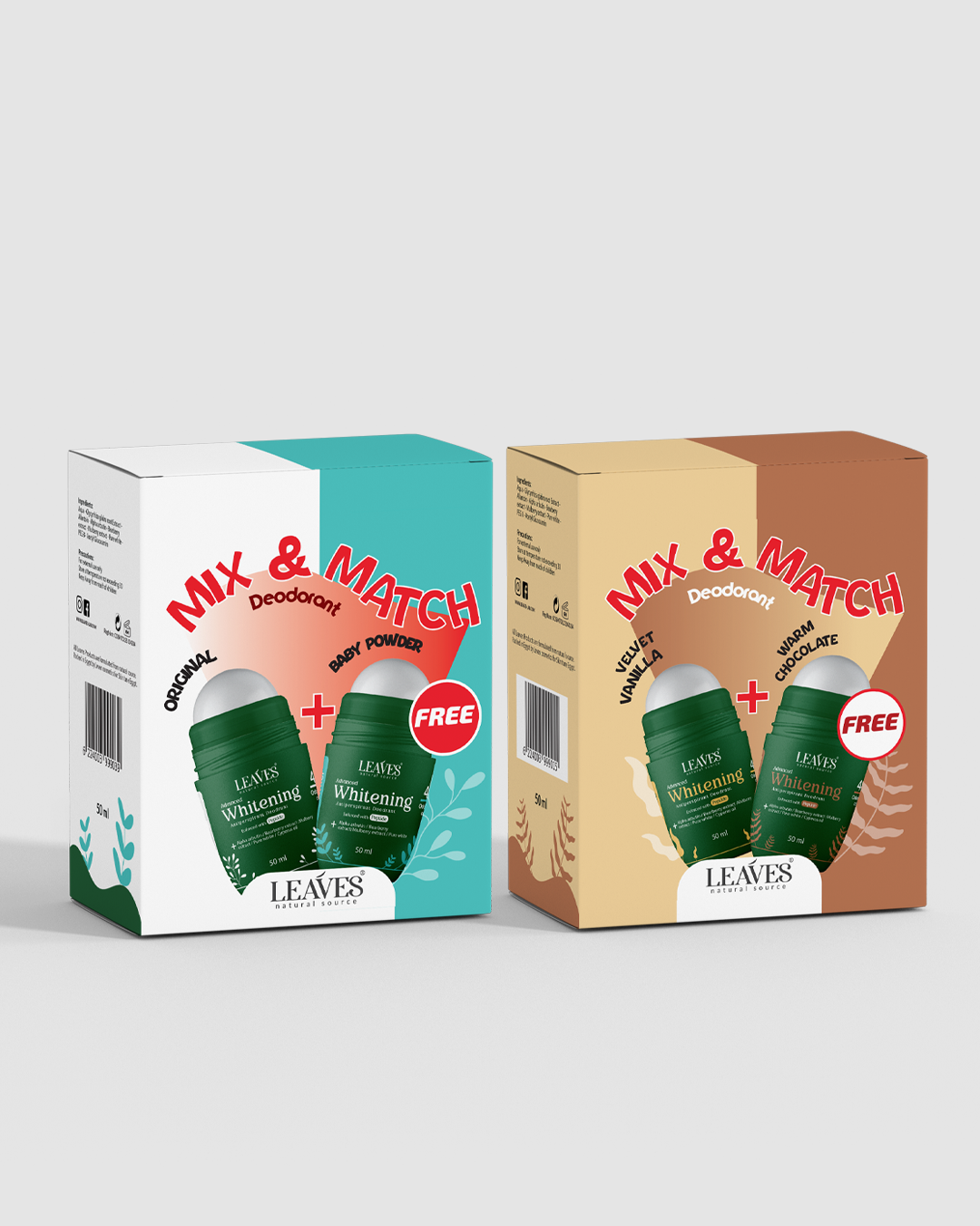 Leaves | Deodorant Box 4 Pieces | Baby Powder & Original + Warm Chocolate & Vanilla
