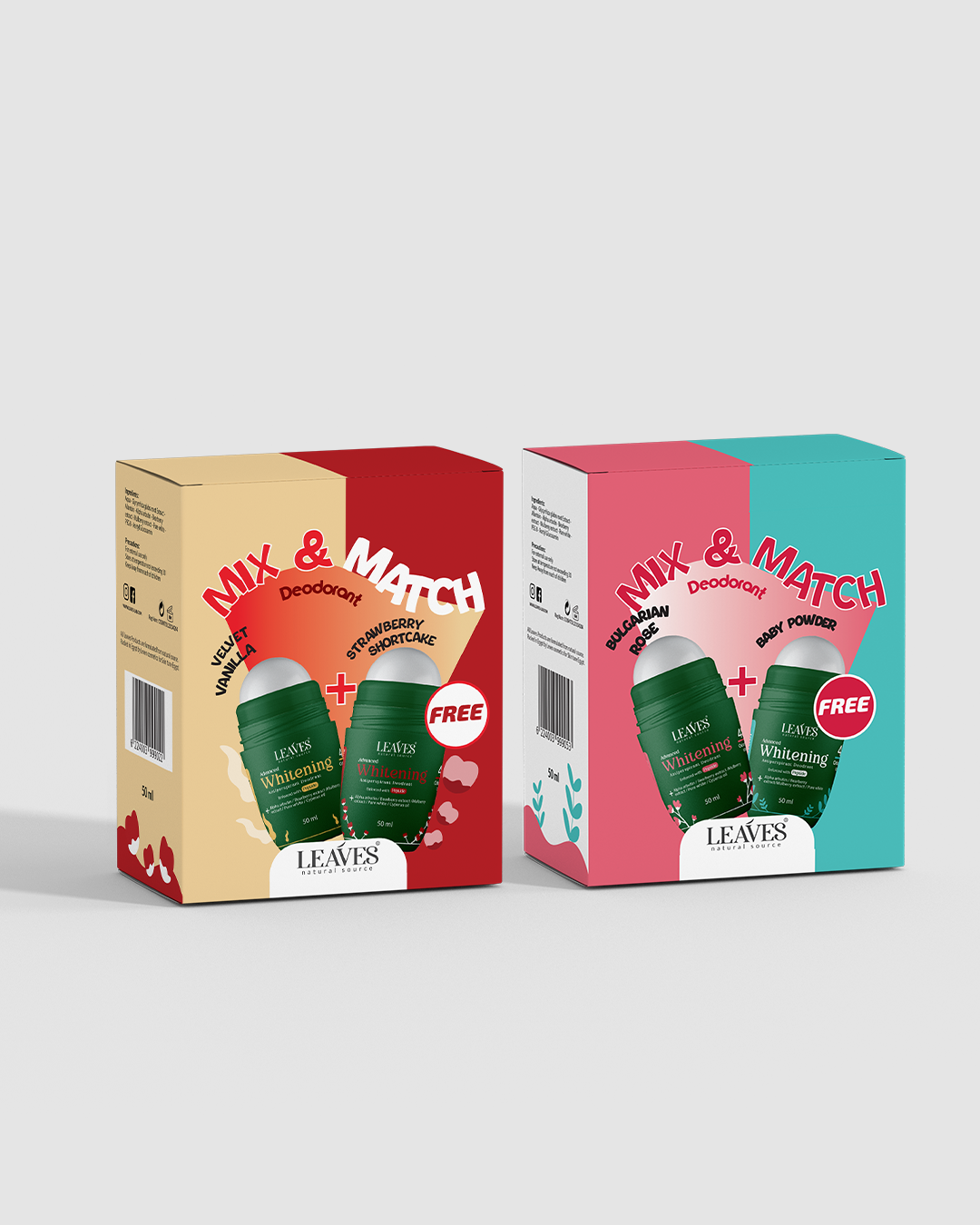 Leaves | Deodorant Box 4 Pieces | Baby Powder & Bulgarin Rose + Strawberry Shortcake & Vanilla