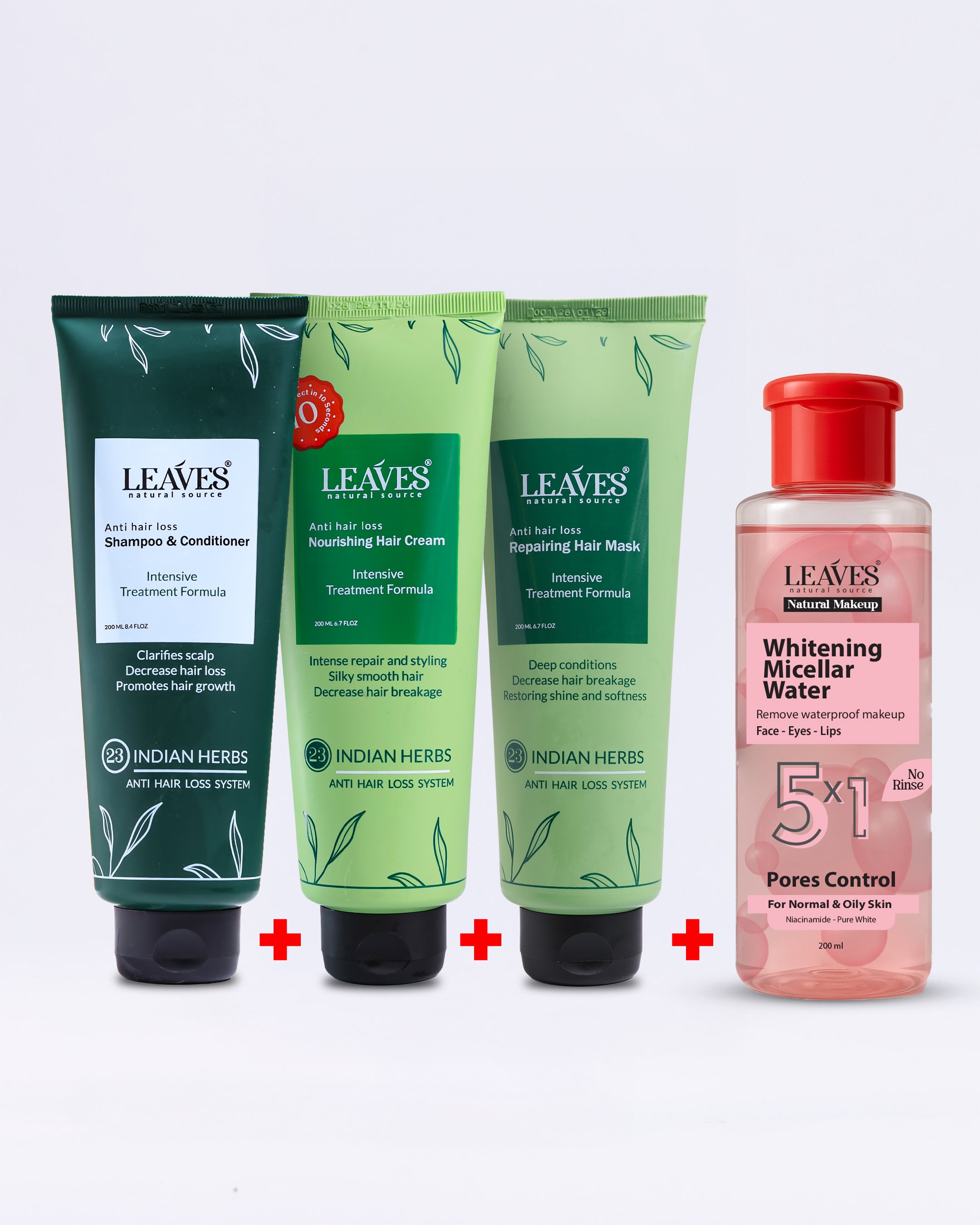 (Leaves Hair Cream – Leaves Shampoo – Leaves Hair Mask – Leaves Micellar Water for Oily Skin)

